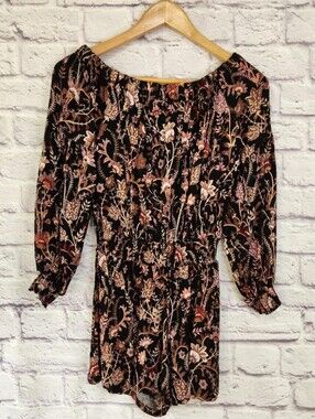 Free People Pretty and Free Black Floral Print Off The Shoulder Romper Sz XS